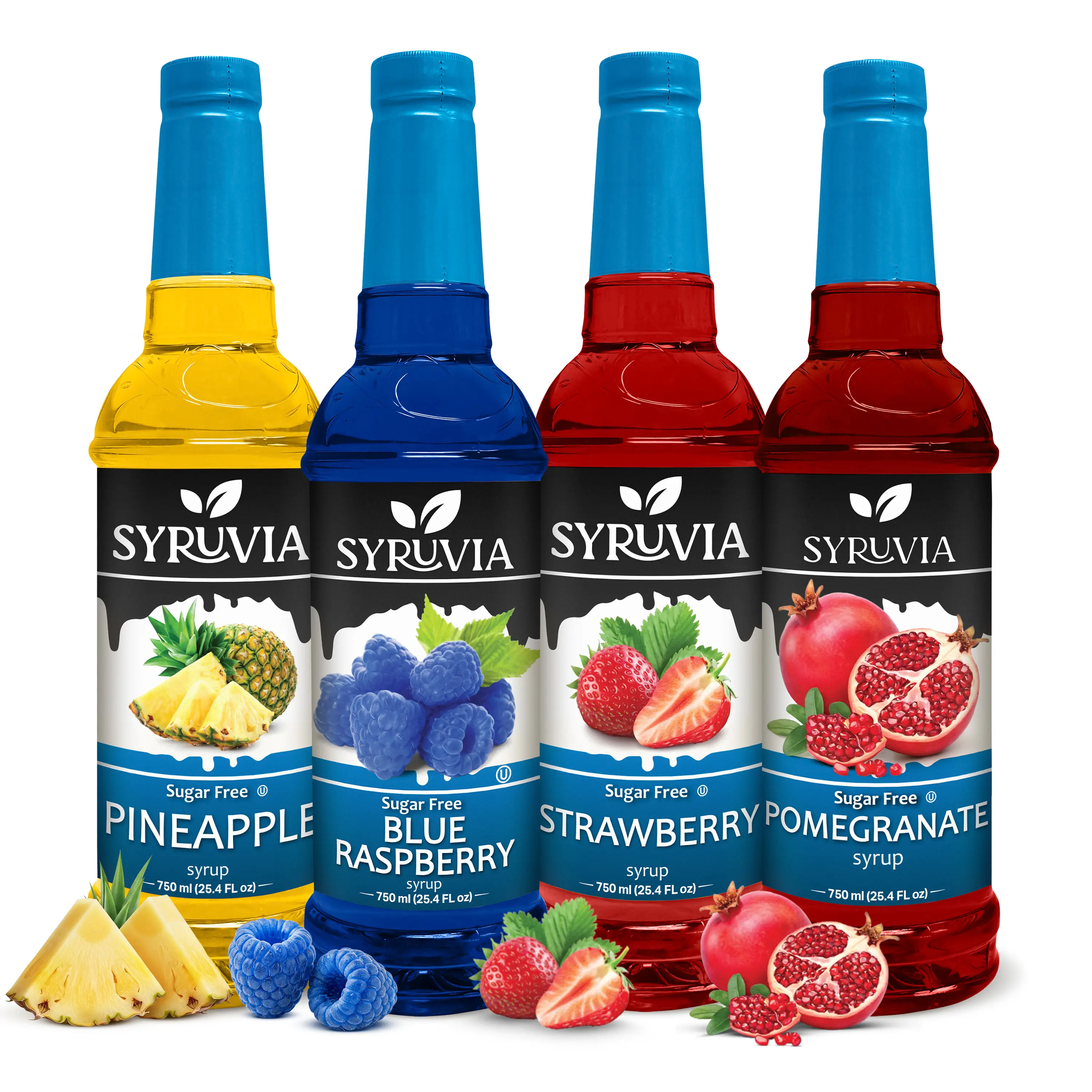 Syruvia Sugar Free Syrup, Fruit Flavors Variety Pack – Pineapple, Blue Raspberry, Strawberry & Pomegranate – Gluten-Free, Kosher, 25.4 fl oz Bottles – Refreshing Syrups for Beverages (Pack of 4)