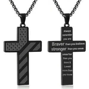 Stainless Steel Cross Black PendantFashion Necklace, Bible VerseAmerican Flag Pendant Chain,for Men,Husband, Father, Mother's Day Gifts