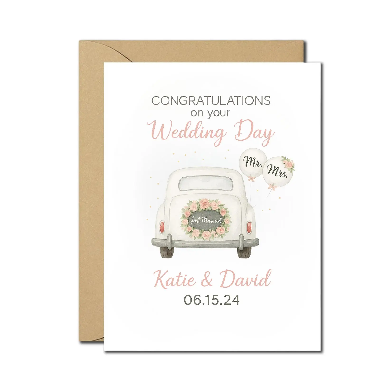 Personalized Wedding Day Greeting Card - "Just Married" Vintage Car Design with Custom Names and Date