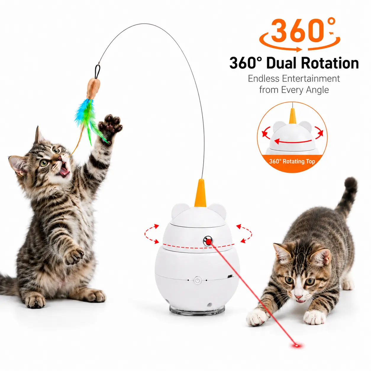 Interactive Cat Toy with Laser & Feather, 360° Dual Rotation Automatic Cat Toy, USB Rechargeable Smart Exercise Toy for Indoor Cats & Kittens, Self Play Pet Toy, Enrichment Toy stimulating  cat  toys suction cup essential track ball perfect birthday gift