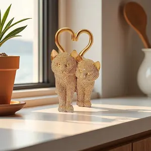 1PC, Golden Love Couple Cats, Cat Figurine, Heart-Shaped Cat Statue, Animal Ornament, Resin Cat Sculpture, Cute Animal Design, Statue Decor Ideal for home, office, and storefront decor. A perfect gift for cat lovers