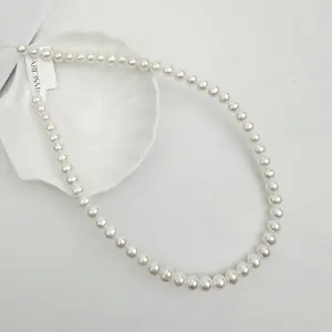 PEARLISM Freshwater Seedless Pearl Full String 6-8mm Natural Quality 40cm Chain Length Hand-Knotted Durable Necklace with Dense Nacre Layers and Versatile Styling