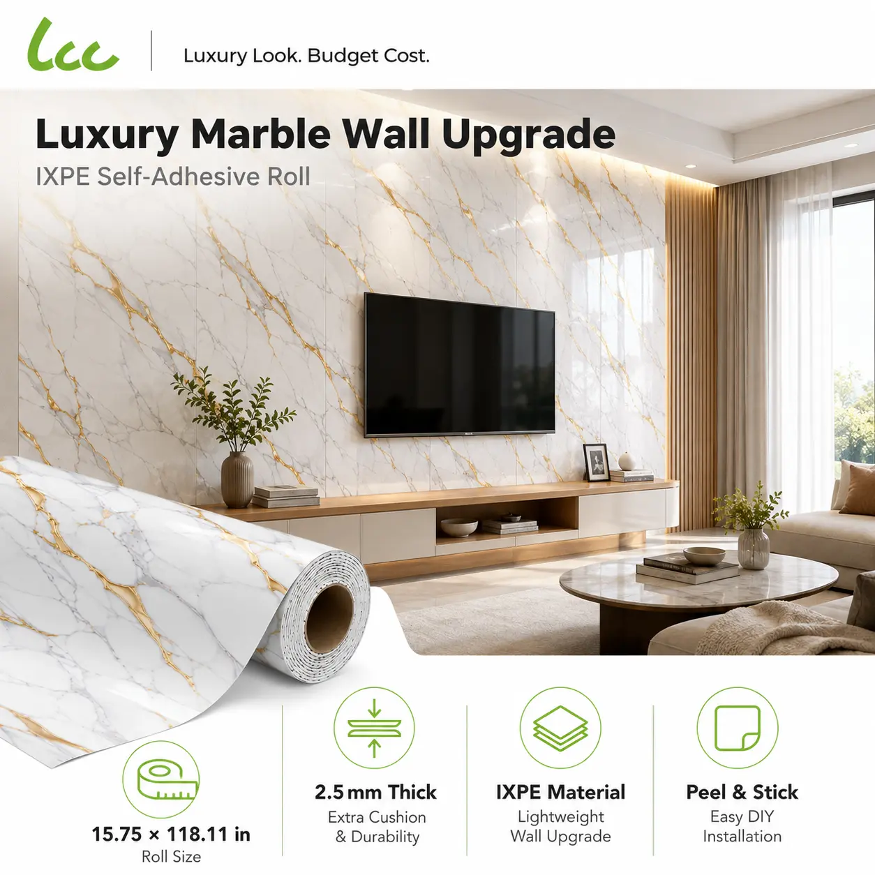 LCC Flat Marble Look Self-Adhesive Wallpaper Roll, 15.75x118.11in Peel and Stick Covering, 2.5mm Thick for Kitchen/Bedroom Home Decor