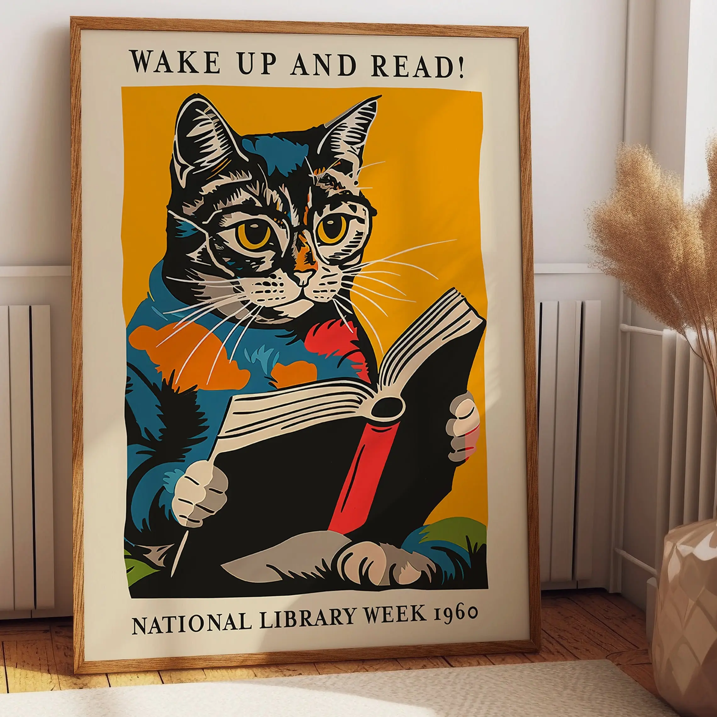 Cat Reading Poster, Wake Up and Read - National Library Week 1960 Art Print Hard Cat Reading Book Posters