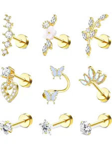 9 Pcs 16G Helix Earrings for Women Surgical Steel Conch Tragus Earrings Piercing Butterfly Flower Snake Ear Piercing Earrings Stud Cartilage Earrings Set Helix Tragus Piercing Jewellery