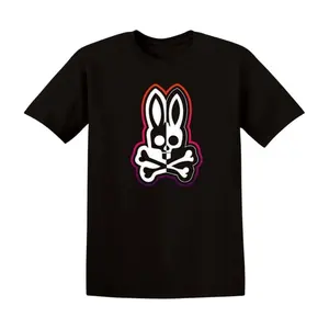 Black and white bone rabbit pattern T-shirt, unisex, men's round neck street style summer and spring, casual, clothing, simple and trendy, couple style, fashionable and loose, youthful and energetic, men's daily wear tops