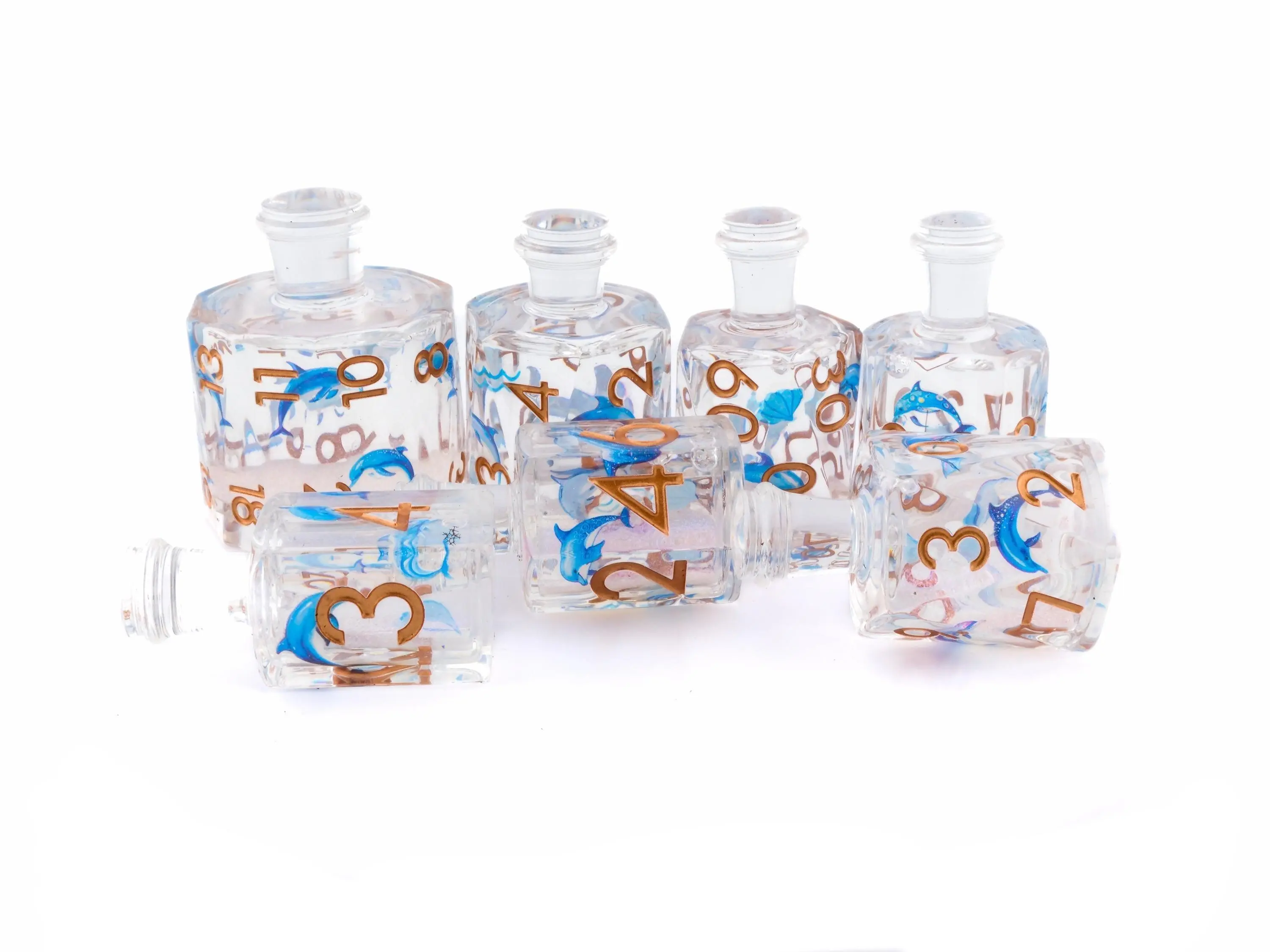 Dolphin Potion Bottle Resin Liquid Core DnD Dice Set, Whimsical 7-Piece Animal-Themed RPG Dice for Tabletop Games