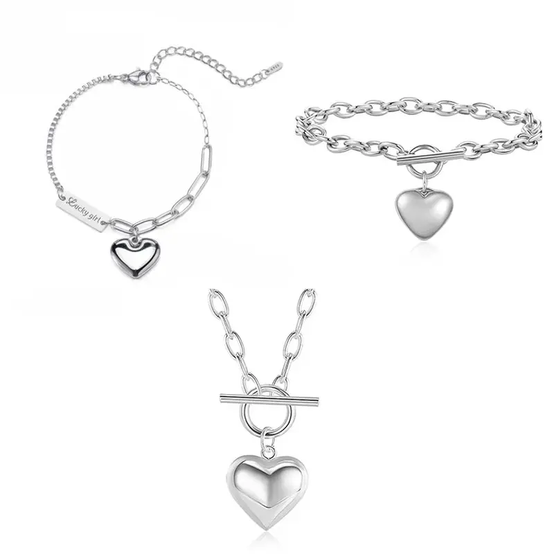 Lucky Girl Heart Jewelry Set | 925 Silver T-Bar Necklace & Bracelet Set | Perfect Gift for Her