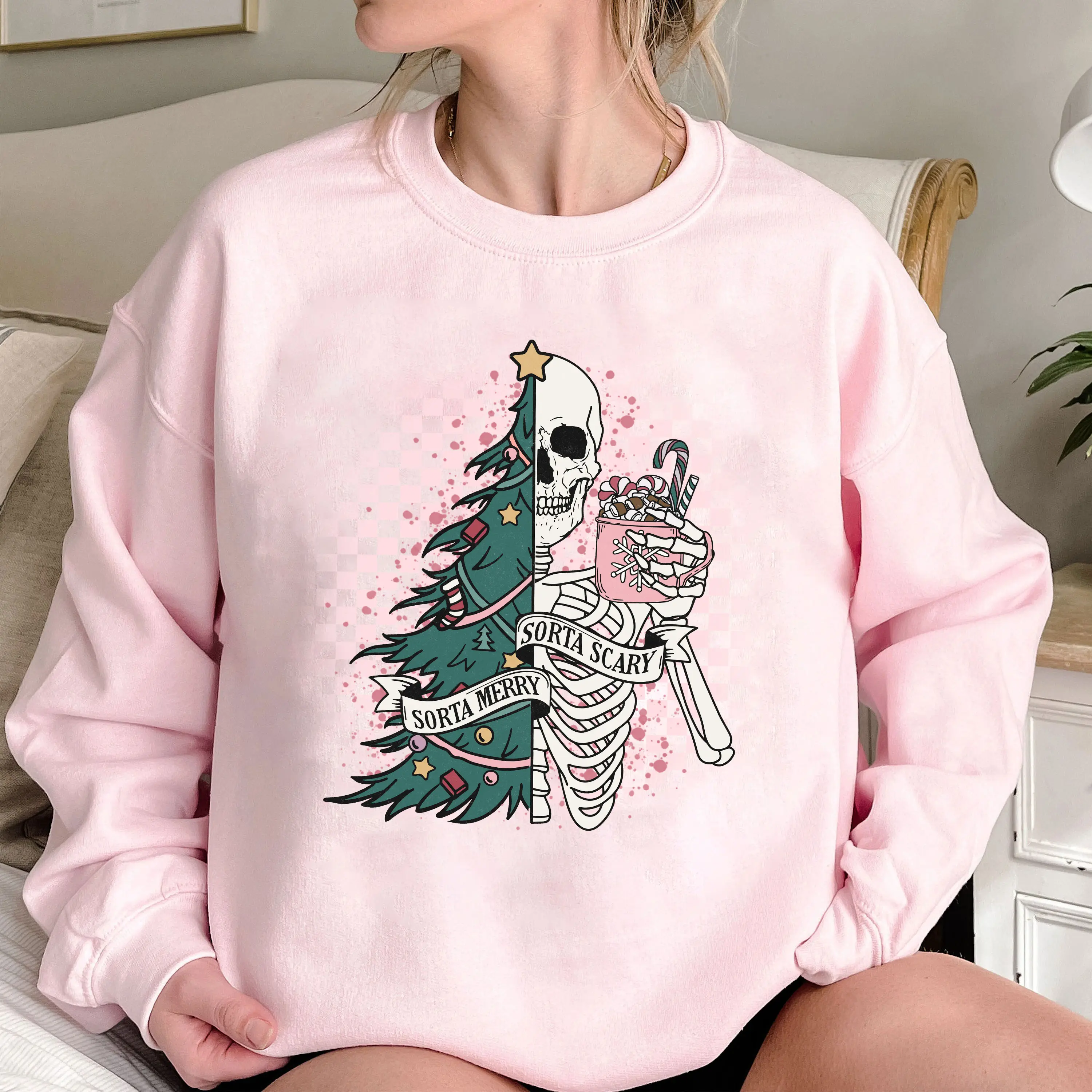 Cute Pink Skeleton Christmas Tree Unisex Sweatshirt, Sorta Merry Sorta Scary Sweater, Funny Skeleton Xmas Gifts for Coffee Chocolate Lovers, Cute Cozy Winter Season Crewneck Sweaters, Pink Drink Christmas Shirt