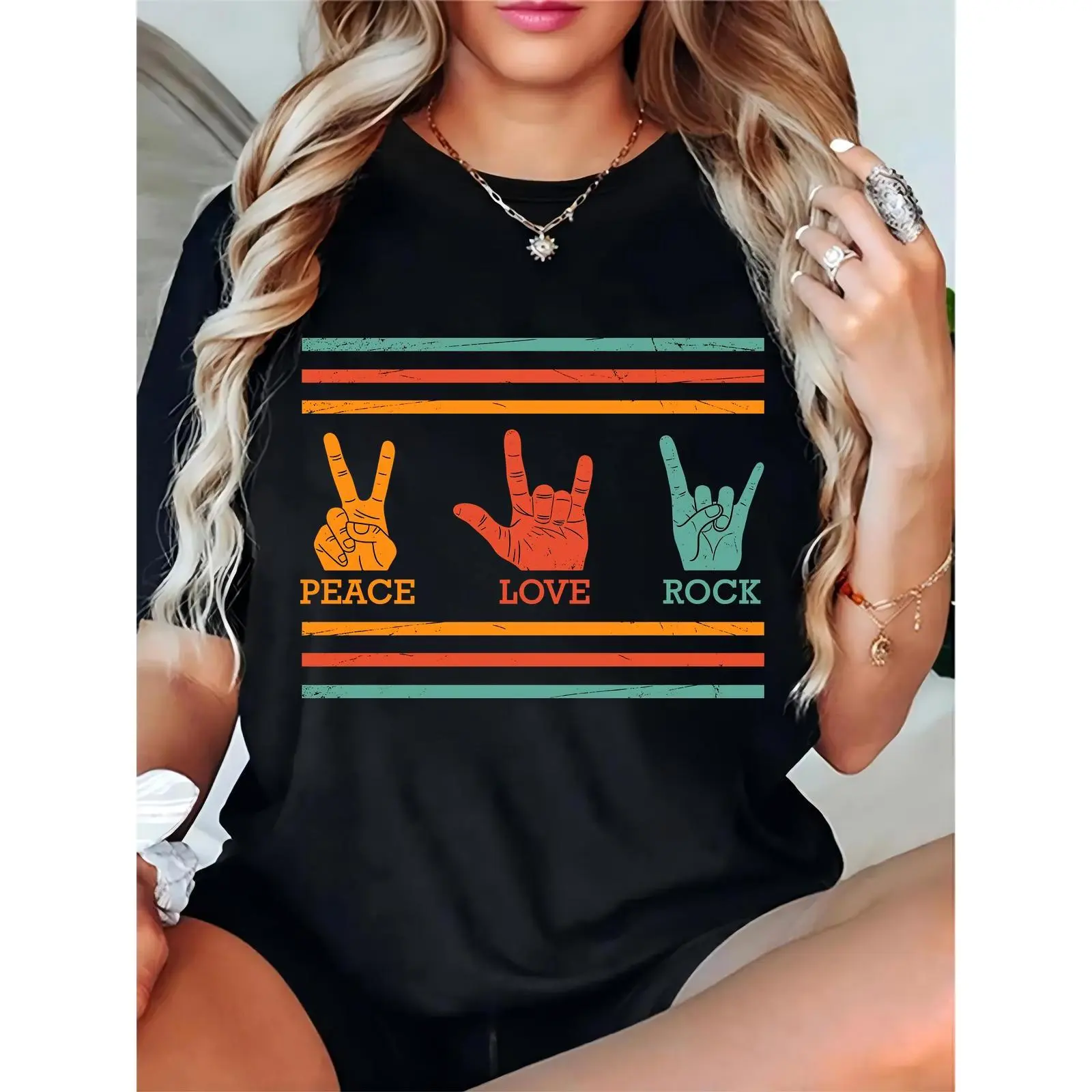 Women's Graphic Print T-Shirt, Retro Peace Love Rock Pure Cotton Top, Casual Crew Neck with a Relaxed Fit for Festivals, Skirts, Round Neck, Tshirt