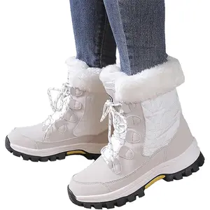 1 Pair White Womens Winter Snow Boots Waterproof Shoes Walking Comfortable Hiking Tennis Booties Furry Mid Calf Warm Lightweight