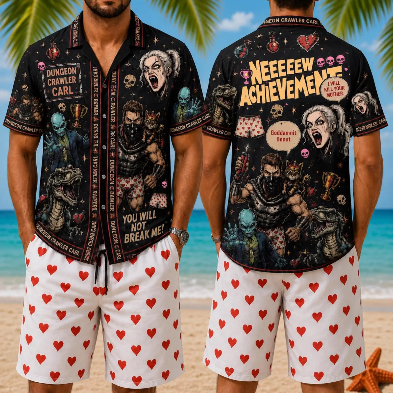 Dungeon Crawler Carl Hawaiian Shirt & Heart Shorts Set, DCC Fan Merch, LitRPG Fantasy Aloha Button Up, Prepotente Desperado Club Outfit