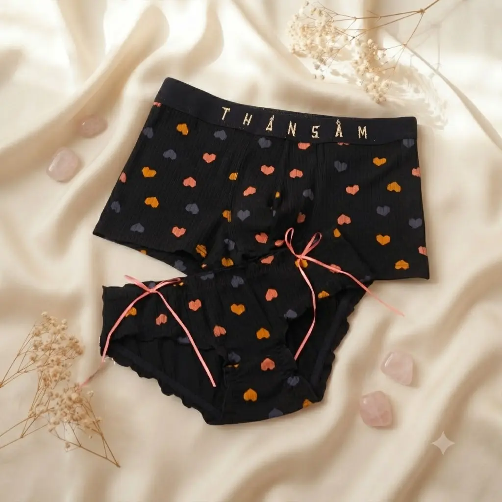 Matching Heart Print Couple Underwear Set – Ruffle Panties & Comfy Boxers for Couples, Breathable Cotton Gift Box