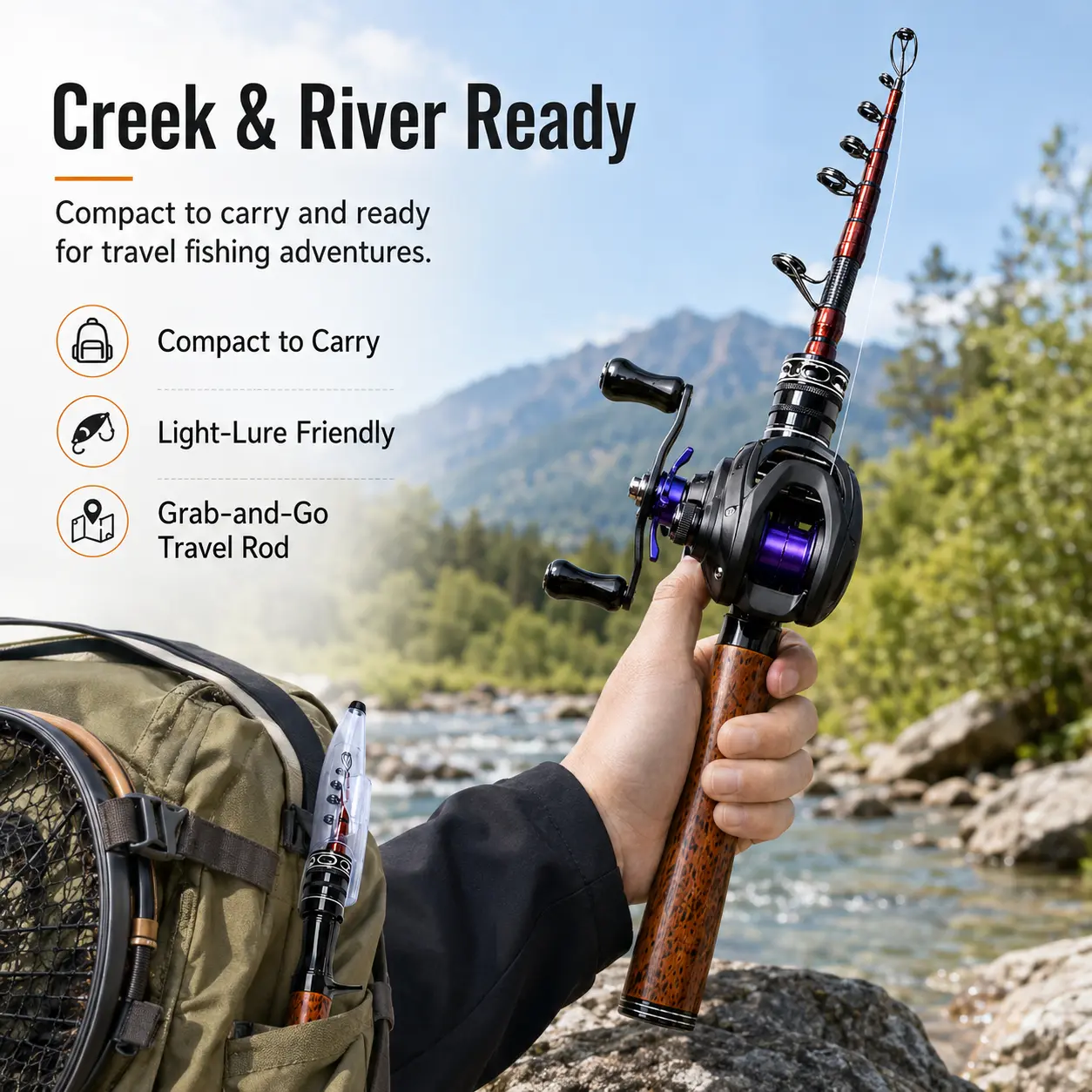 5.9FT Telescopic Fishing Rod, Ultralight Travel Casting Rod, 12.6in Collapsed Portable Baitcasting Rod with Wood-Grain Trigger Grip, 5-8g Lures, 2-6lb Line for Trout Bass Panfish