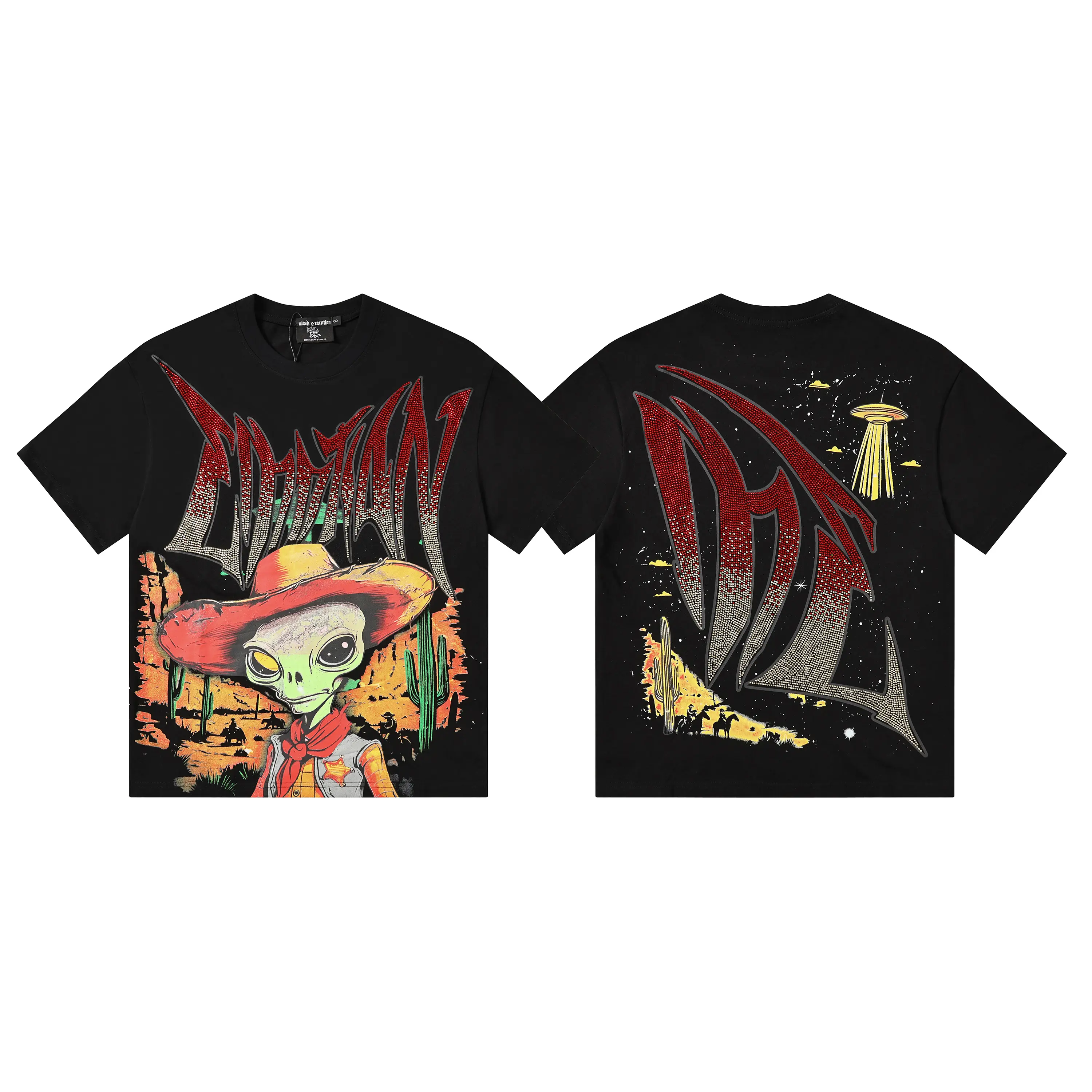 Mixed Emotion Alien Cowboy Graphic T-Shirt, Western Desert UFO Artwork with Rhinestone Gothic Back Print, Black Oversized Graphic Tee for Men Women, Vintage Y2K Streetwear Unisex Casual Short Sleeve Fashion Accessories