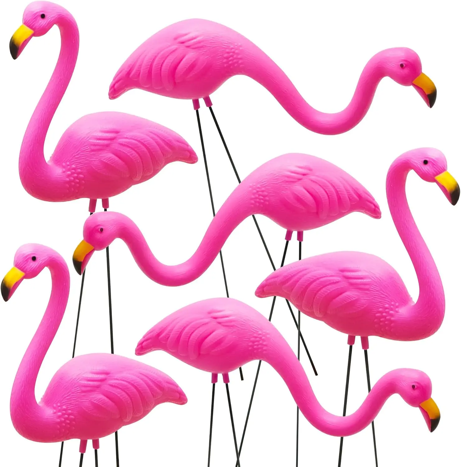 6-Piece Small Pink Flamingo Outdoor Ornament Stakes - 17in Plastic Lawn Statues with Metal Legs, for Garden, Luau Party Decorations, Home Improvement Outdoor Accents (2 Styles)