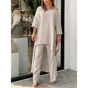 Women's Cotton Linen Long Pants Sets Fashion Solid Casual Irregular Tops Wide Leg Pant Suits Office Lady Two Piece Sets Clothes
