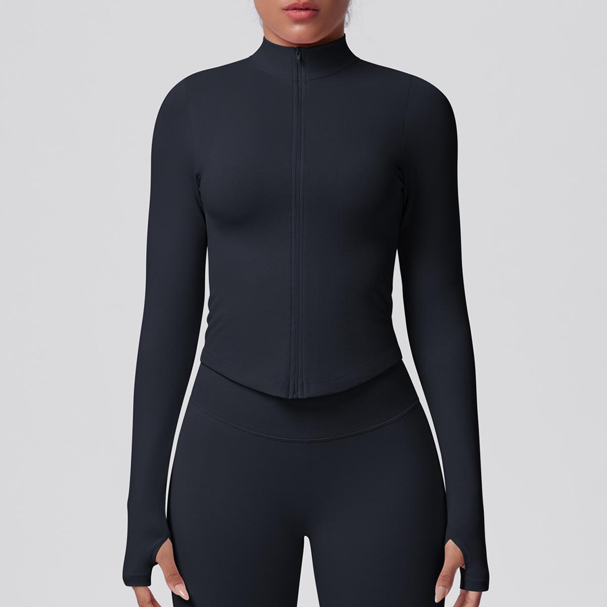 Women's Ribbed Cropped Yoga Jacket, Breathable Long Sleeve Zip-Up Compression Activewear with Thumb Holes for Gym & Running, Plus Size, Female, Large, Normal Type, Thumbhole Cuff, Tight, Slim-Fitting, Stretchable, Thumbholes, Slim Fit, Stretch Fabric