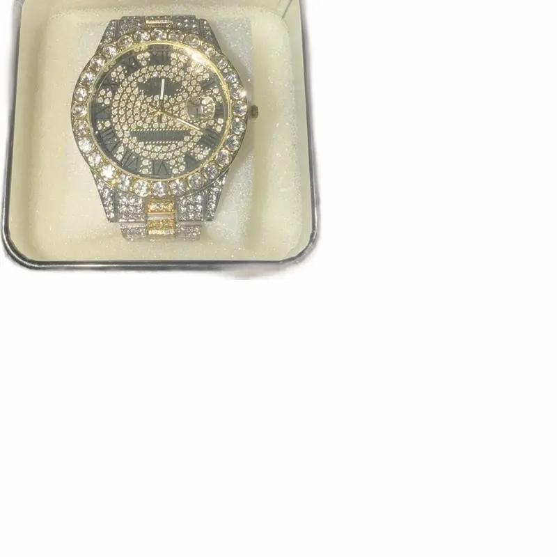 Iced Out 2-Tone Moissanite Men's Wristwatch, Round Watch Face, Stainless-Steel Band, Luminous Gold Quartz Fashion Accessory, Unique Gifts for Man