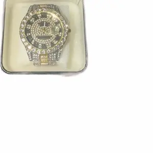 Iced Out 2-Tone Moissanite Men's Wristwatch, Round Watch Face, Stainless-Steel Band, Luminous Gold Quartz Fashion Accessory, Unique Gifts for Man