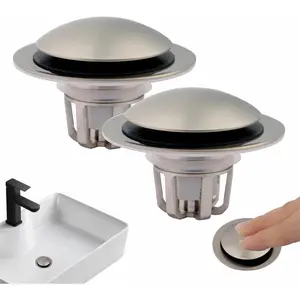 2 Pack Pop Up Sink Drain Stopper,Brushed Nickel Bathroom Sink Stopper with Hair Catcher and Anti-Clog Strainer,Glimflorus Universal 2-in-1 Drain Stopper for 1 1/8"-1 1/2" Drain Holes