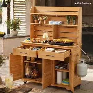 ARCH Assembly Video-TOPMAX 65''H Large Garden Potting Bench with Lockable Wheel and Storage Cabinet, Wood Outdoor Kitchen Island Prep Cart with Hutch Top, Drawers and Removal Shelves for Grilling, Natural