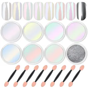 8 Jars Chrome Nail Powder Magic White Kit Mirror Effect Silver Metallic Holographic Dip Nail Powder For Resin Craft & Nail Art Fimo, Decoration Iridescent Aurora Mermaid Pigment