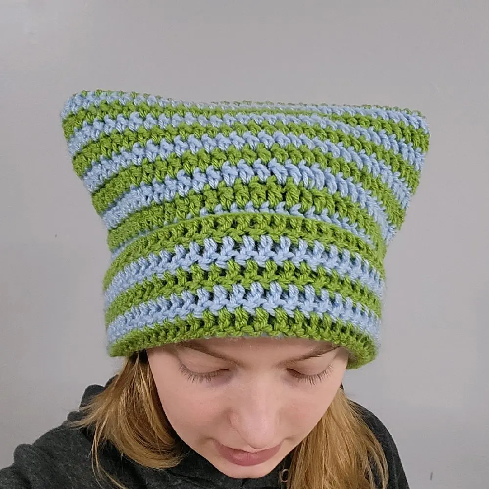 Green and Blue Handmade Crochet Cat Ear Beanie - Soft Knit Design for Cat Lovers and Fashionistas