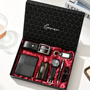 7counts-PU leather business men's watch set (wallet + belt + keychain + bracelet + watch + pen + rosary), simple quartz watch set 7pcs/set, exquisite watch gift box, suitable gift box for men