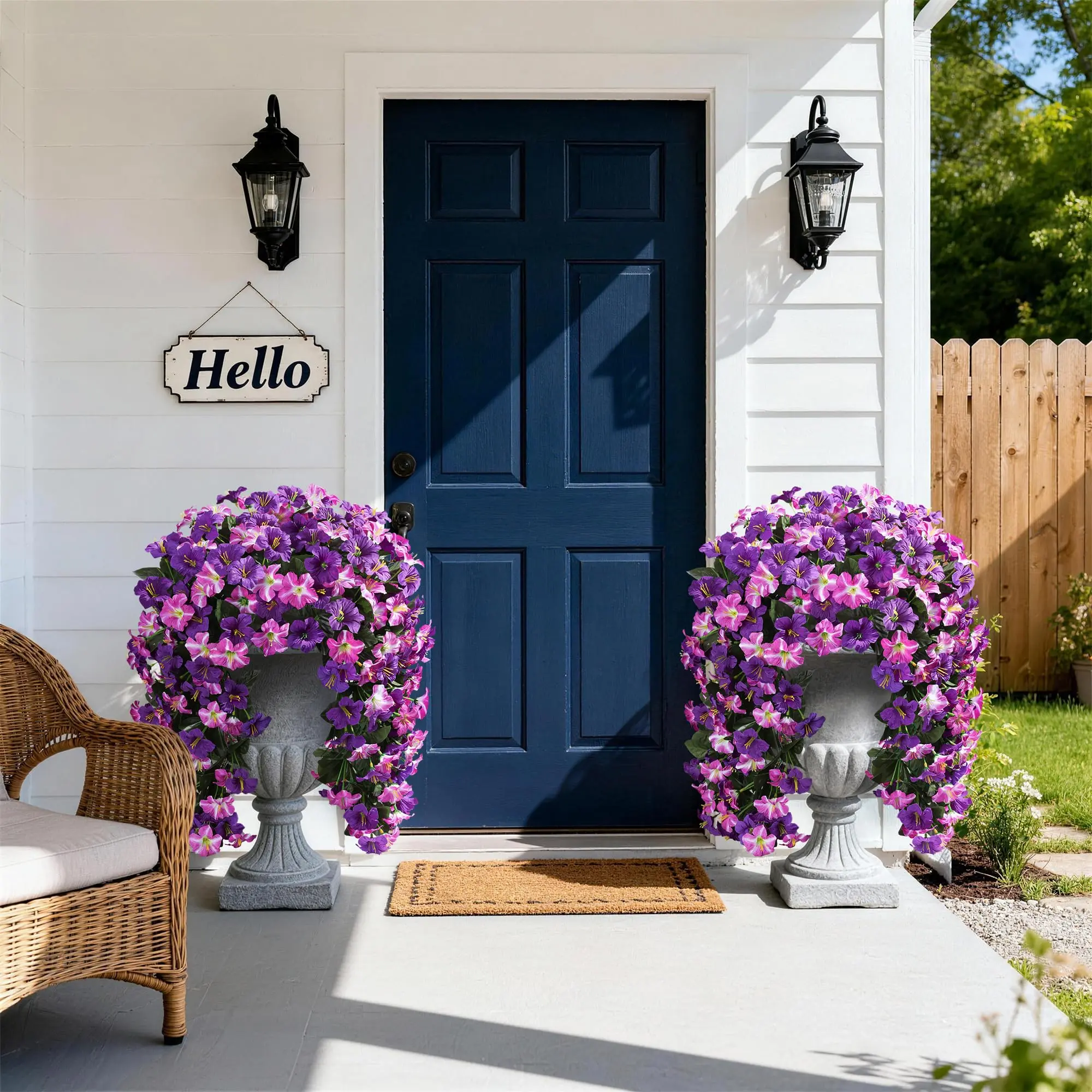 Ivydale Artificial Flowers for Outdoors, 2pcs Faux Hanging Morning Glory Silk Fake Flowers Lifelike Artificial Plants UV Resistant Flowers for Outside Planter Patio Garden Porch Decor (Purple，Rose Red，White，Yellow)