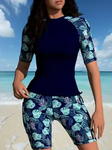 New Women's Swimsuit Rash Guard Fashion Print Drawstring Short Sleeve Pocket Shorts Two-Piece Set, Stylish Beachwear, Summer Swimwear