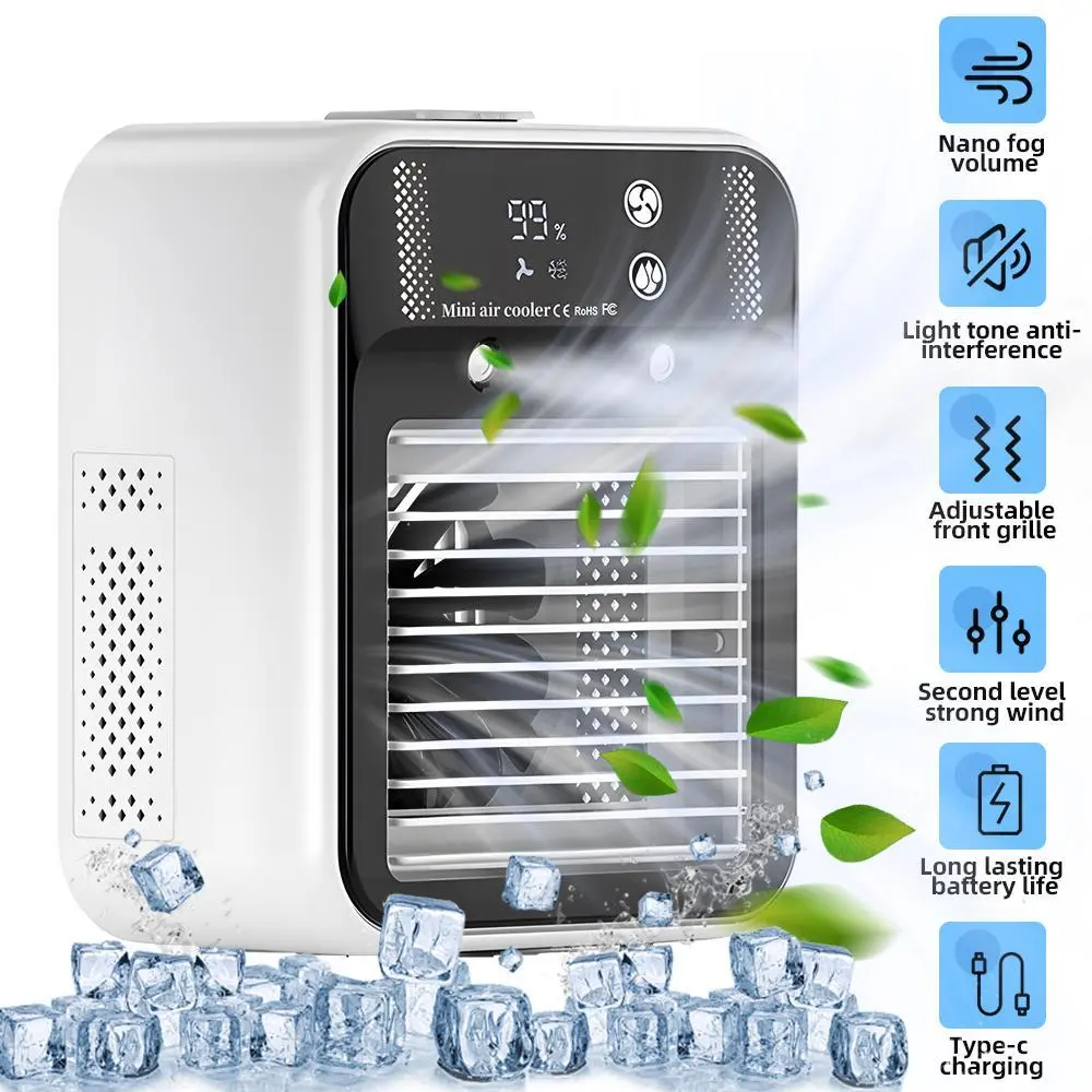 【BackToSchool】 Mini Portable Air Conditioner - 3-In-1 Rechargeable USB Portable Cooling Fan with 2-Speed Mist, 1800mAh Battery, 500ml Water Tank, USB Adapter, Digital Display for Bedroom, Office