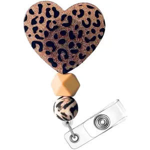 Leopard Heart Retractable Badge Reel Holder ID Clip Lanyard with Cute Beaded Print, Glitter Bling Retractable Clip for Nurse CNA CMA Nursing Healthcare Zoo Keeper