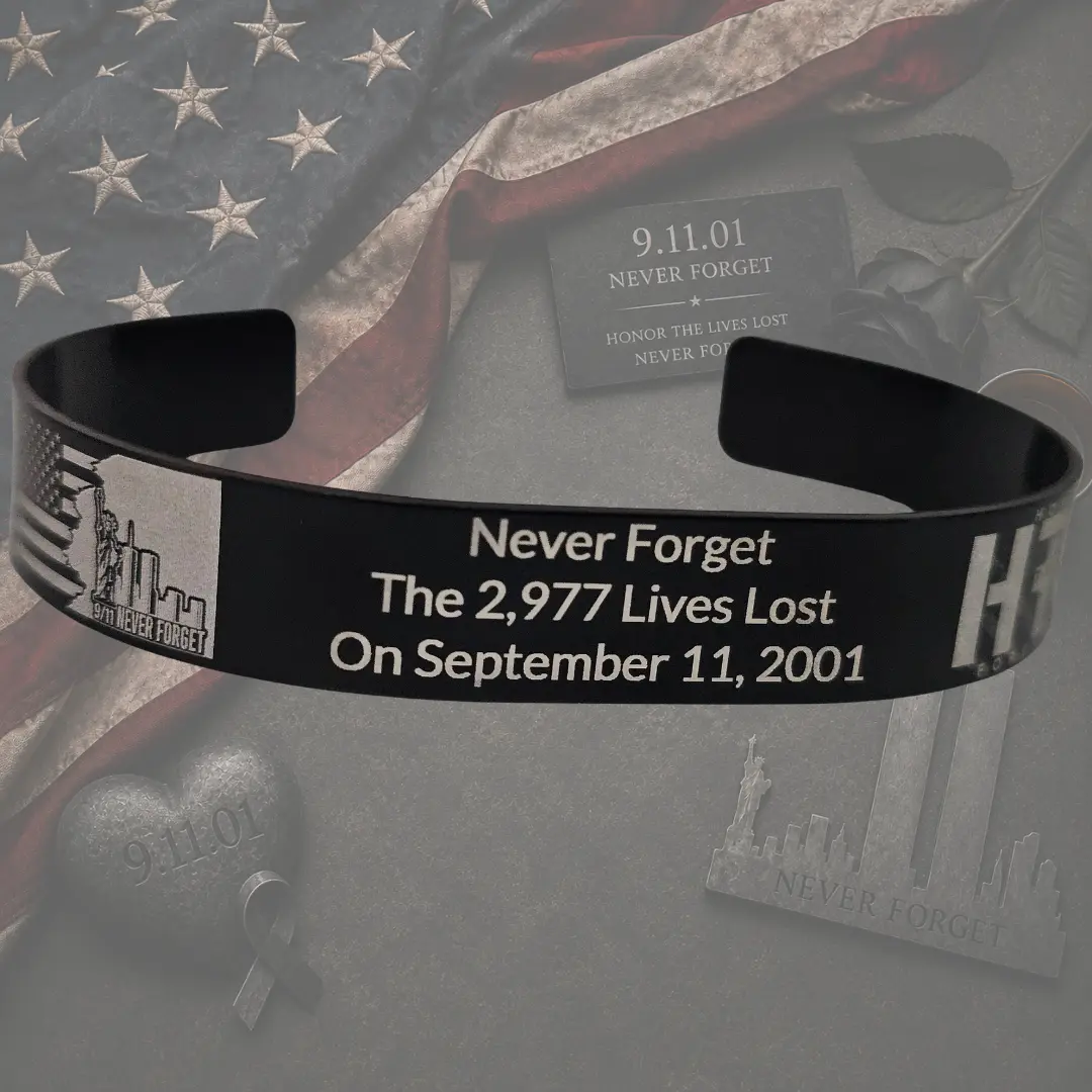 9/11 Never Forget Memorial Bracelet – September 11 Tribute Cuff Honoring the 2,977 Lives Lost Gratitude Bravery