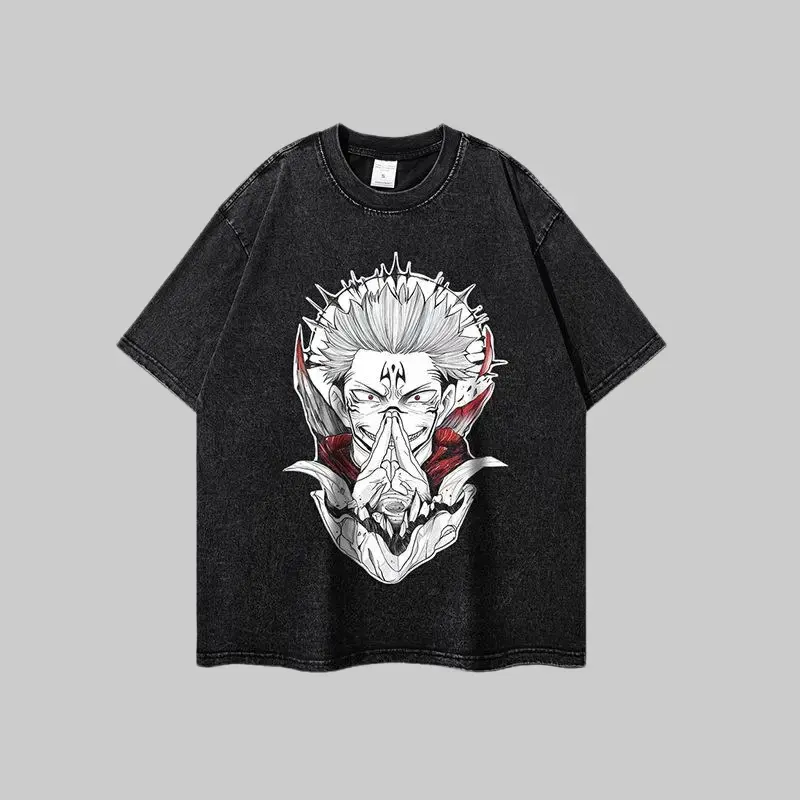 Men's Jujutsu Kaisen Sukuna Anime Graphic T-Shirt - Retro Washed Oversized Casual Short-Sleeve Round Neck Top, Premium Vintage Tee for Otaku Fans, Tshirt, Shortsleeve, Menswear, Retro Japanese, Distressed Edges, Jujutsu Kaisen Anime Print Men's Short-Slee
