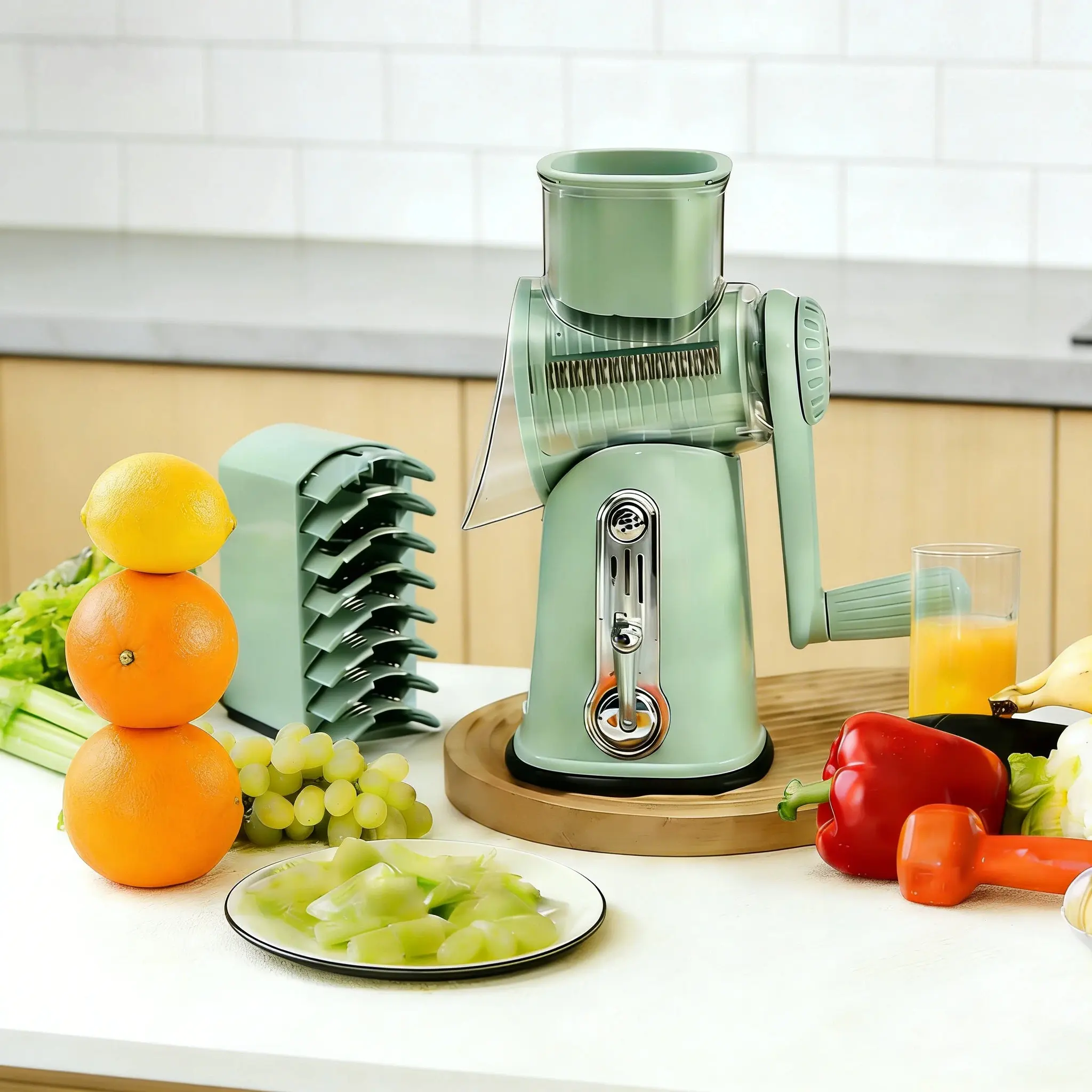 5-in-1 Rotating Kitchen Utensils Rotary Cheese Grater & Vegetable Chopper with Suction Base, Safety Blade, for Cheese, Vegetables