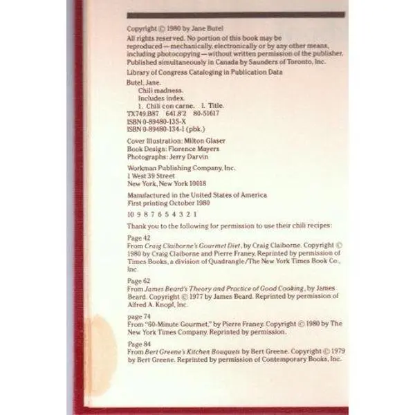 USED Book - Chili Madness: The Pecos River Spice Chili Cookbook by Jane Butel (Hardcover) - english