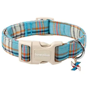 Lionet Paws Blue Plaid Dog Collar - Cute Summer Puppy Collars with Plastic Buckle, Adjustable Dog Accessory for Small Medium Large Girl Boy Dogs