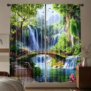 Forest Landscape Print Roller Shades Set, Curtains, Home Decoration Curtain, Non-Movable, No Batteries Included, Ideal for Bedroom & Living Room