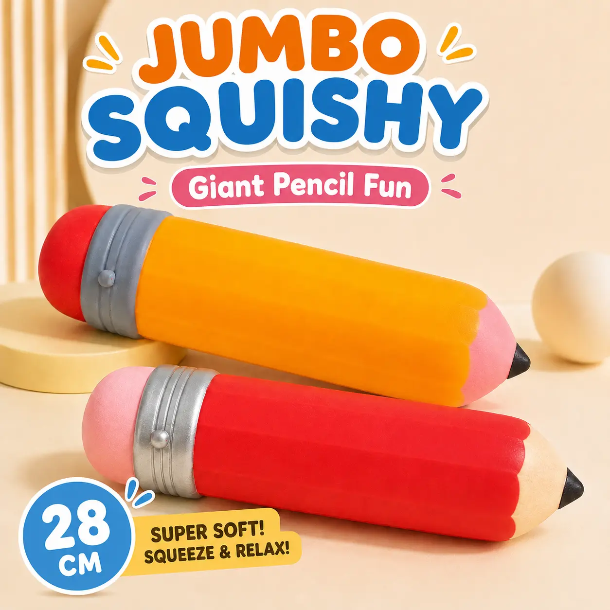 28cm Jumbo Pencil Squishy, Giant Pencil Squeeze Toy with Shaving Cream Filling, Soft TPR Stress Relief Sensory Fidget Toy for Kids and Adults