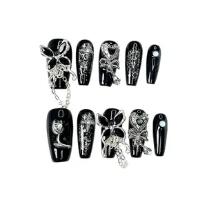 Gothic Black Long Coffin Press On Nails With Silver Chain, Butterfly, Rose And Crystal Decorations, 10PCS Handmade Reusable Acrylic Fake Nails For Edgy Style