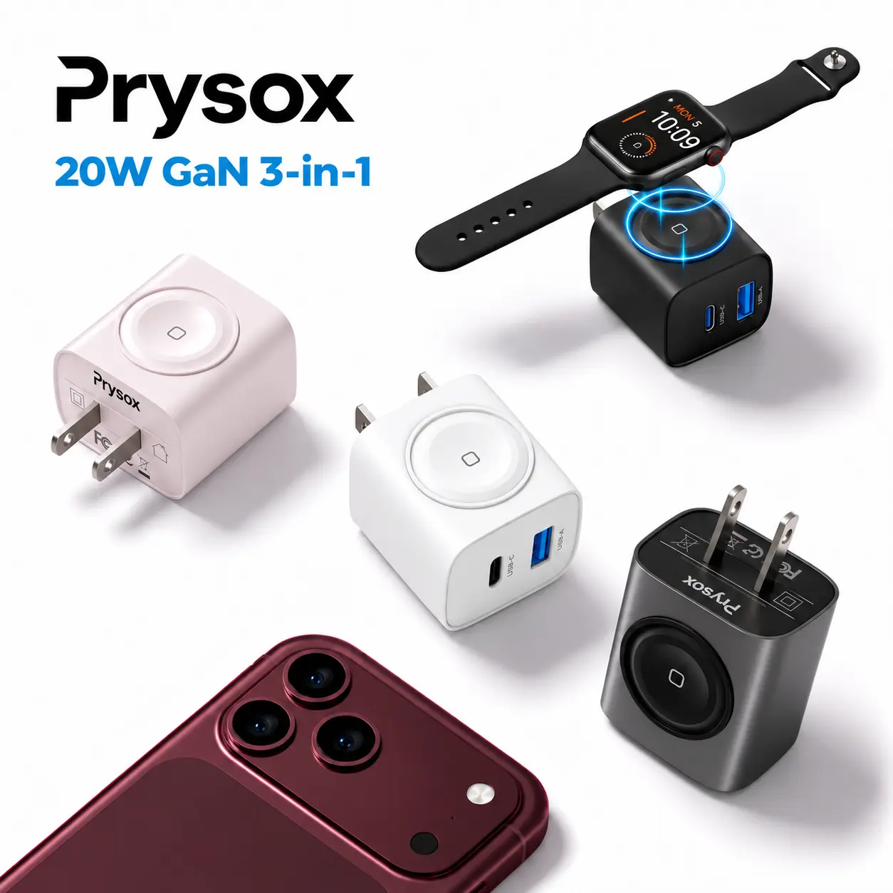 Prysox 3-in-1 Magnetic Wireless Wall Charger Block,20W GaN PD Fast Charger USB-C+USB-A Travel Adapter, Safety Protection,Compatible with iPhone 18/18 Pro/Duo,17/17 Pro,16/16 Pro,15 Series,Apple Watch Ultra,Series 12,9,8,7,6,SE,Phone & Watch Accessories