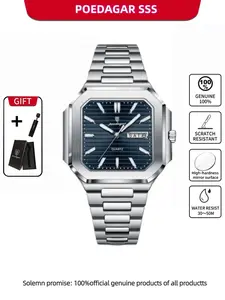 Poedagar square luxury fashion men's waterproof quartz watch, with luminous date and day display, stainless steel men's watch Square dial wristwatch