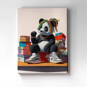 Hip Hop Panda Sneakerhead Wall Art - Urban Street Art Blue Canvas Print Decor For Hype Room - Hype Beast Poster