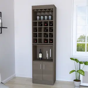 Bar cabinet Modoc, One Extendable Shelf, Sixteen Wine Cubbies, One Shelf, Smokey Oak Finish