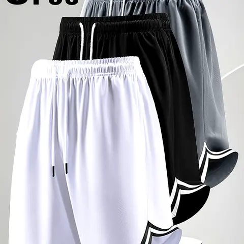 Men’s three-piece shorts set, comfortable and breathable, casual design, solid color, regular fit, drawstring waist, suitable for sports. Gym, basketball, and everyday wear