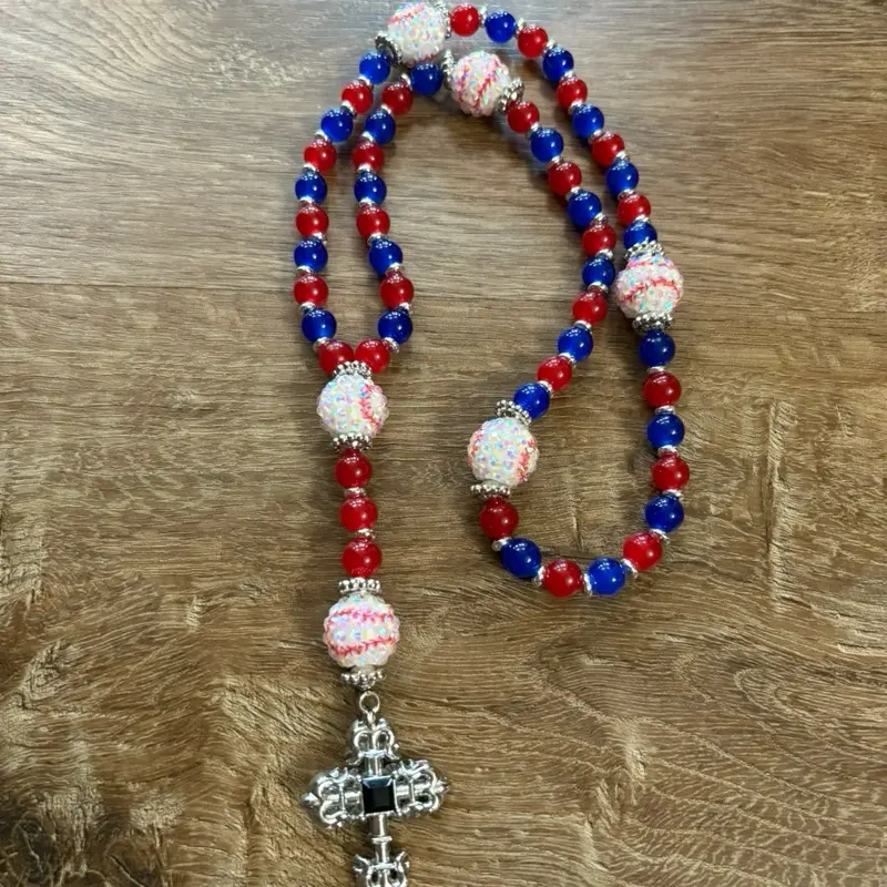 Catholic Rosary Beads - Red & Blue Beads with White Bead Design, Includes Cross Bead and Decorative Bead
