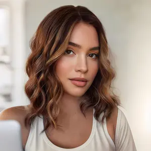 18inch Short Wavy Wig Lace Hairline Middle Part Synthetic Heat Resistant Natural Appearance for Everyday Hairstyle for Women Party Use Brown with Caramel Blonde Highlights halloween daily use party cosplay