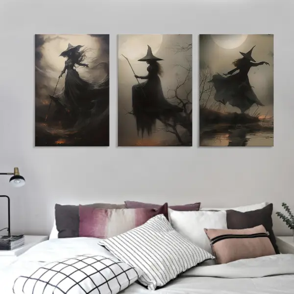 American Brand 3-Piece Eco-Friendly Canvas Wooden Frame Poster Set - Multi-Size 16"x24" & 12"x16" Dark Romantic Witch Silhouettes Gothic Magic Decor, Halloween Home Wall Art, UV-Resistant Hanging 2D Flat Print, Room Accessory Gift