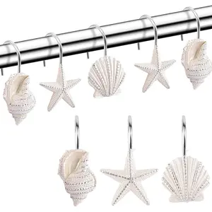P-BS024  Seashell Shower Curtain Hooks,12PCS Anti Rust Decorative Resin Hooks for Bathroom, Baby Room, Bedroom, Living Room Decor (White Seashell) Metal Set